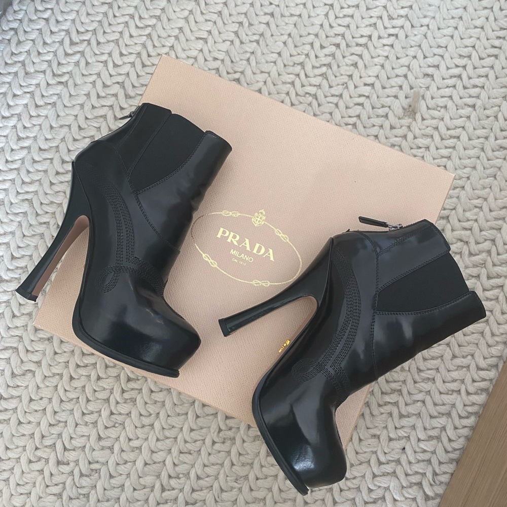 Prada platform black ankle boots with back zipper